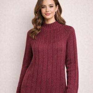 Laurel Burgundy Ribbed Knit Sweater Women’s Mock Neck Long Sleeve Cozy Pullover